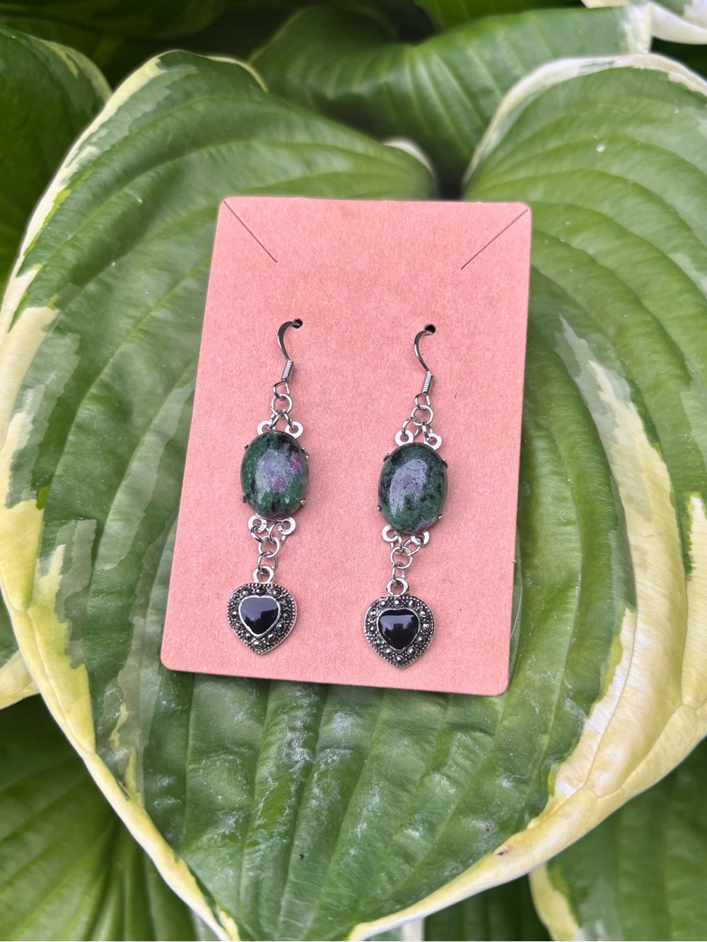 Ruby zoisite dangle earrings.